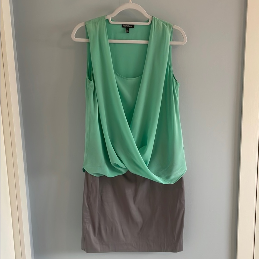 🇨🇦 le chateau dress,  Mint Green silk Drape Top with Grey skirt - Picture 3 of 13
